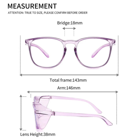 Slick Anti Fog Safety Goggles With Clear Polycarbonate Lenses And Blue Light Blocking Coating That Shields Your Vision From Digital Strain Without The Hassle For Men And Women In Sleek Transparent Purple, showing frame dimensions.
