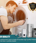 Person installing Washer Water Inlet Valve Replacement W11165546 into front-load washer, appliances displayed below.