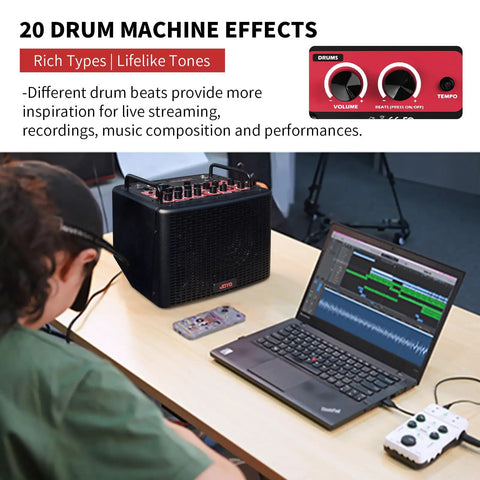 Person using laptop with 40W Portable Acoustic Guitar Amp With Rechargeable Battery Bluetooth And USB C Recording For Phone Dual Guitar And Mic Channel XLR DI Out 20 Drum Patterns And Live Streaming On The Go.