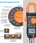 True RMS Clamp Meter 800A AC DC With 6000 Count Multimeter displayed with control dials and measurement options