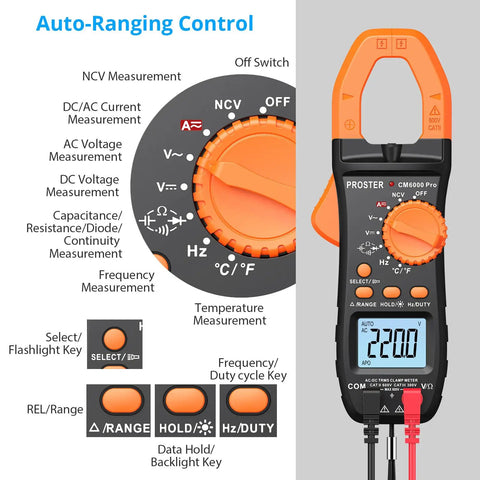 True RMS Clamp Meter 800A AC DC With 6000 Count Multimeter displayed with control dials and measurement options