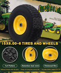 Front Tire And Wheel Assembly 15x6.00-6 For Riding Lawn Mowers, 2 Pack, shown with thickened rim and turf pattern for lawn use