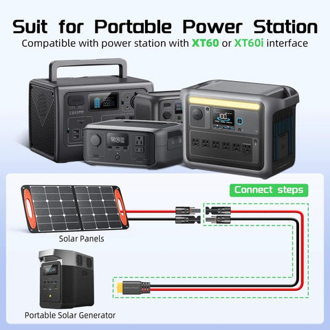 Diagram showing connection of 20 Foot Solar To XT60 Extension Cable 12AWG from solar panels to portable power stations.