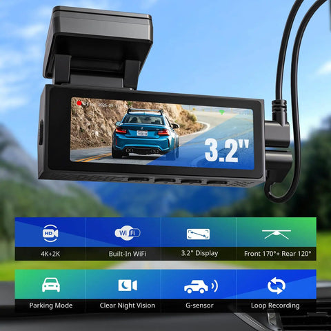 Dual Dash Cam Front And Rear For Cars 4K Plus 2K Video With 64GB Card Included showing 3.2-inch screen display