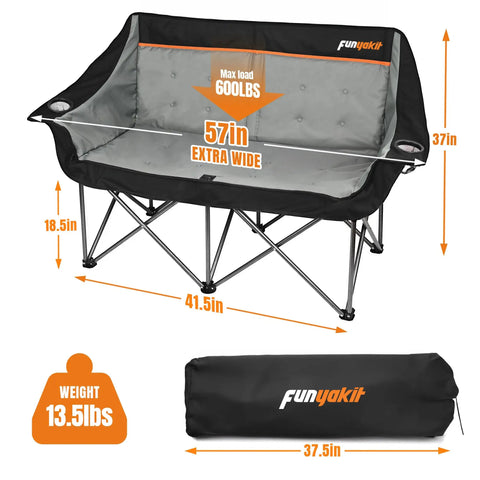 Heavy Duty Double Camping Chair For Two Adults 650 Lbs Capacity Fully Padded Loveseat Folding Outdoor Chair With Arm Cup Holder