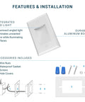 Diagram showing 12 Pack 120V Dimmable LED Step Lights For Indoor And Outdoor Use, aluminum body, installation parts listed.