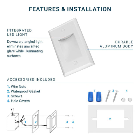 Diagram showing 12 Pack 120V Dimmable LED Step Lights For Indoor And Outdoor Use, aluminum body, installation parts listed.