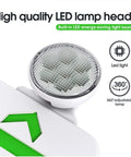 Close-up of the Green Led Exit Sign Emergency Light Combo With Adjustable Two Head Units Double Sided Battery Backup For Contractors AC 120 277V 4 Pack UL Certified Ready To Install, focusing on LED lamp head.