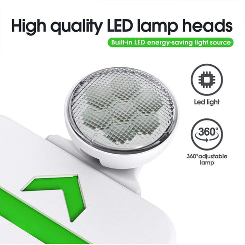Close-up of the Green Led Exit Sign Emergency Light Combo With Adjustable Two Head Units Double Sided Battery Backup For Contractors AC 120 277V 4 Pack UL Certified Ready To Install, focusing on LED lamp head.