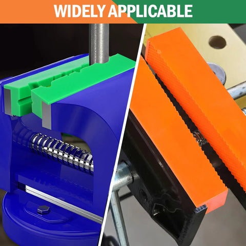 Pro Level Knockout Magnetic Vise Jaw Pads 2 Pack in green and orange, designed for bench vises, drill presses, ensuring a secure grip.