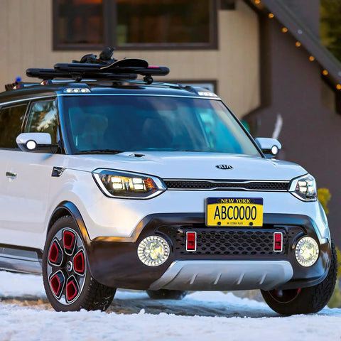 SUV with Front License Plate Bracket for Hyundai and Kia 2000 2023 front bumper plate mounting kit on snowy driveway