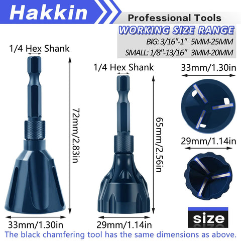 Hakkin 4-pc deburring external chamfer tools with tungsten carbide blades; blue hex-shank handles, fits 1/8–1 in (3–25 mm).