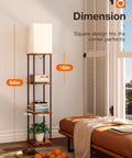 Floor Lamp With Shelves, Dual USB Ports And Built In Outlet, Remote Controlled, 3 Color Temperature LED Bulb, 64in tall, corner setup.