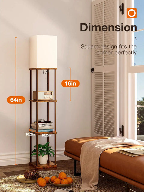 Floor Lamp With Shelves, Dual USB Ports And Built In Outlet, Remote Controlled, 3 Color Temperature LED Bulb, 64in tall, corner setup.