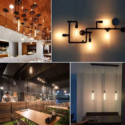 Dimmable T10 Vintage LED Bulbs 2700K Warm White E26 6W lighting in various pendant and ceiling fixture settings creating cozy ambience