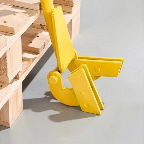 Pallet Buster Tool With 41 Inch Carbon Steel Handle Heavy Duty Wrecking Pry Bar Articulating Head For Non Damaging Wooden Pallet And Deck Removal Fast Easy Pallet Removal Perfect For Quick Deck Board Removal And Reuse, yellow head on wooden pallet