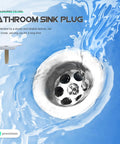 Rotary Bathtub Drain Stopper Copper One Press Seal Hair Catcher shown in a bathroom sink with water swirling around.