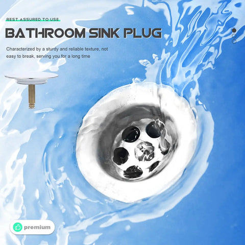 Rotary Bathtub Drain Stopper Copper One Press Seal Hair Catcher shown in a bathroom sink with water swirling around.