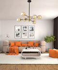 Six Light Amber Glass Globe Sputnik Chandelier With Dope Black And Gold Industrial Pendant Lighting in modern living room