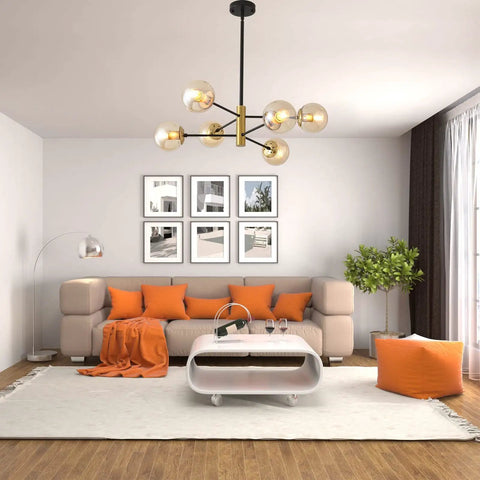 Six Light Amber Glass Globe Sputnik Chandelier With Dope Black And Gold Industrial Pendant Lighting in modern living room