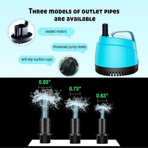 700GPH Submersible Water Pump Ultra Quiet With 8Ft Lift Bottom Suction Pond Pump with 3 nozzle sizes displayed