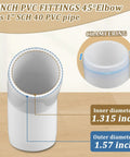 1 inch PVC fittings 45 degree elbow with chamfering for 1 inch SCH40 PVC pipe, showing inner and outer diameters.