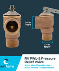 Bronze Cash Acme RV FWL-2 pressure relief valve, front and side views, 3/4 in FNPT inlet and 3/4 in MNPT outlet.