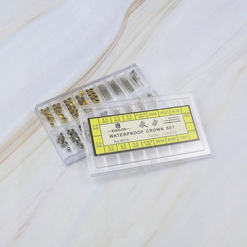 162 Piece Watch Repair Kit With Copper Stainless Steel Crowns And Stem Extenders displayed in case