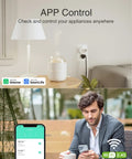 Mini WiFi Smart Plug That Works With Alexa And Google Home No Hub Needed Schedule Timers Power On Off Remotely Via App Voice Control ETL FCC Listed Compact White Outlet next to a lamp and person using phone app control.
