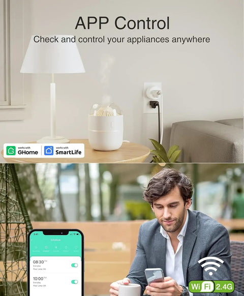 Mini WiFi Smart Plug That Works With Alexa And Google Home No Hub Needed Schedule Timers Power On Off Remotely Via App Voice Control ETL FCC Listed Compact White Outlet next to a lamp and person using phone app control.