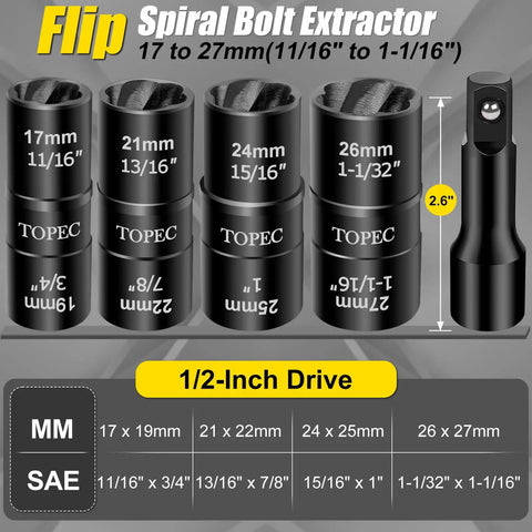 Flip Lug Nut Removal Tool Kit With Dual Head Design, Beefy Five Piece Wheel Lock Extractor Set, 17-27 mm Socket Sizes