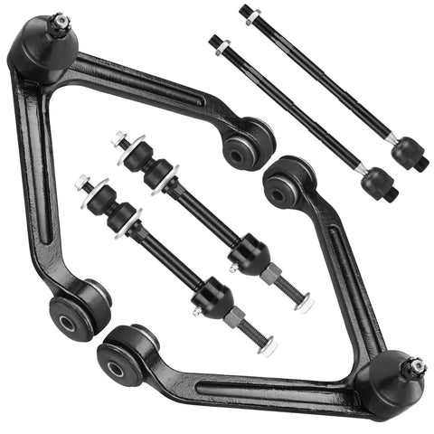 Ram 1500 2WD Front Upper Control Arm With Ball Joints Kit For 2002 2003 2004 2005 Dodge Ram 1500 Includes Outer Tie Rod End And Inner Tie Rod End Sway Bar Links Suspension Kit 10 Piece, black steel arms and tie rods
