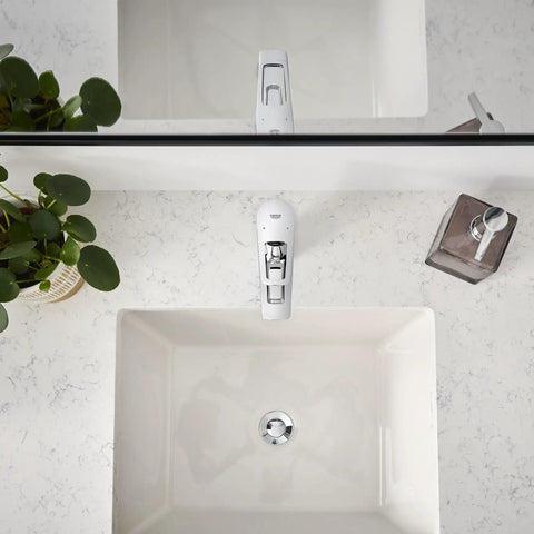 Top view of Bauloop Single Hole Bathroom Faucet With Single Handle S Size Chrome Finish installed on a vanity sink.