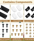 Image showing Door Tune Up Kit For Arrow Shed Sliding Doors DK100 A Replacement Parts with handles, guides, slides, screws, and nuts.