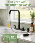 APPASO 4 Hole Kitchen Faucet Matte Black, Dual Handle with Soap Dispenser, showing pull down sprayer in modern kitchen.