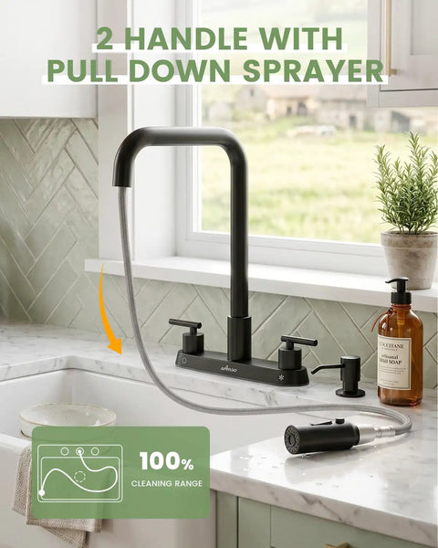 APPASO 4 Hole Kitchen Faucet Matte Black, Dual Handle with Soap Dispenser, showing pull down sprayer in modern kitchen.