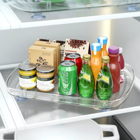 Clear Lazy Susan For Refrigerator And Pantry Cabinet Two Pack 360 Degree Rotating Pull Out Turntable Organizer with drinks and snacks