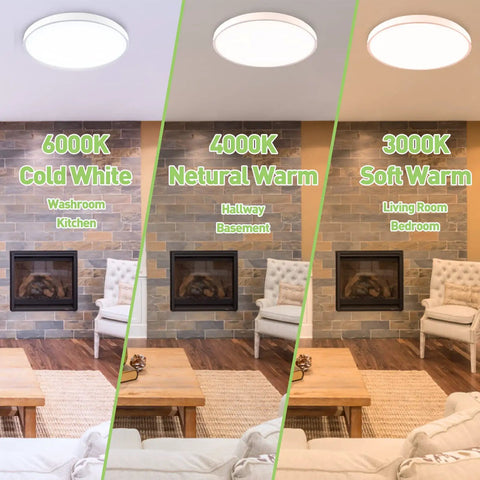 Two Pack Flush Mount LED Ceiling Lights 12 Inch 28W Energy Saving With 3 Color Temperatures shown in different room settings