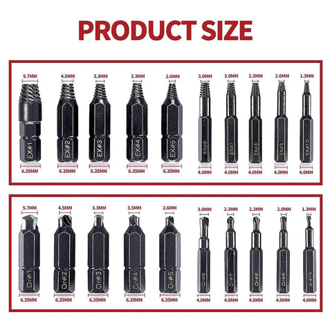 Grab This Ultimate 22 Piece Damaged Screw Extractor Drill Bit Set To Bust Those Stripped Screws Like A Pro And Fix Rusty Bolts Fast With High Hardness Durability That Slams Straight Through Jagged Messes Every Single Time. 22-piece extractor bits size chart