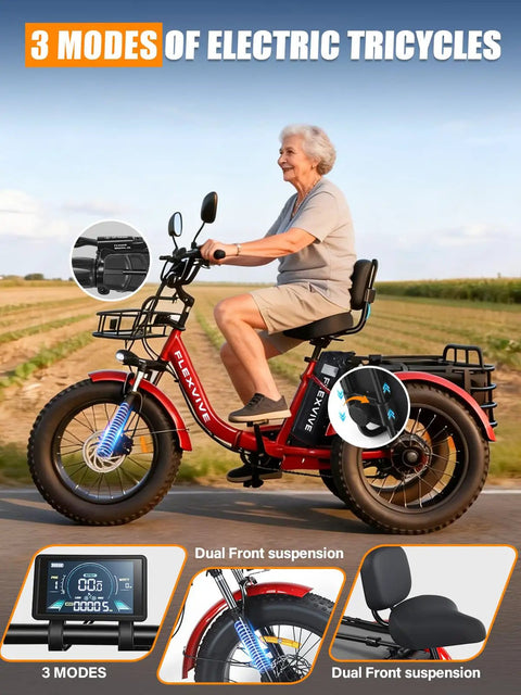 Beast Power Folding 3 Wheel Electric Trike For Adults With 1550W Peak Power 48V Fat Tire 20x4 Detachable Rear Basket Rear Differential Easy Fold Red For Daily City Rides, side view