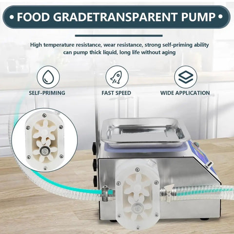 Automatic Viscous Liquid Bottle Filler showcasing transparent food-grade pump and digital control for precise batch filling.