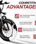 Image of a fat bike with self-sealing and self-healing 20x4.0-4.5 inner tube and AV32mm Schrader valve, highlighting advantages.