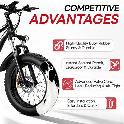 Image of a fat bike with self-sealing and self-healing 20x4.0-4.5 inner tube and AV32mm Schrader valve, highlighting advantages.