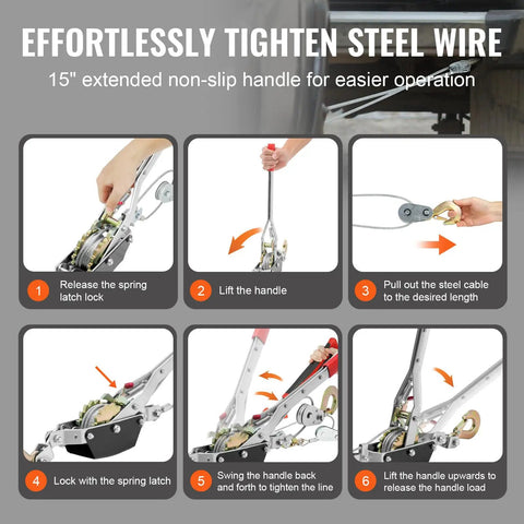 Come Along Winch 2 Ton Pulling Capacity With 12 Feet Steel Cable Dual Gear Beefy Built Ratchet Power Puller Tool With Two Hooks For Automotive Hoist And Vehicle Rescue, steel wire tightening steps