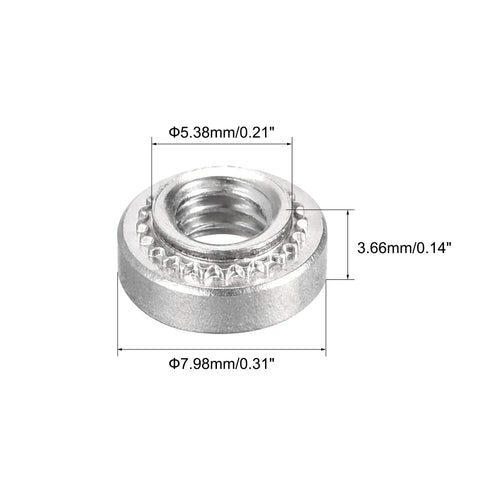 Premium Stainless Steel Rivet Nuts With Round Heads For Sheet Metal Fabrication. 0.14 Inch Length Accommodates Number 8-32 Threads showing dimensions.