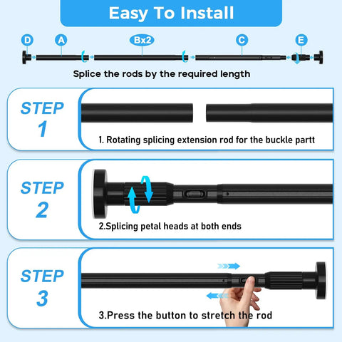 Heavy Duty Black Tension Curtain Rod No Drilling Adjustable 41 To 144 Inches With Rust Resistant Finish Easy Installation Steps