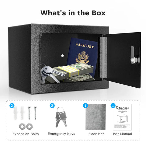 Small Steel Safe Box With Key Lock For Cash And Jewelry Hidden Security Safe Two Tenths Of A Cubic Foot showing contents inside