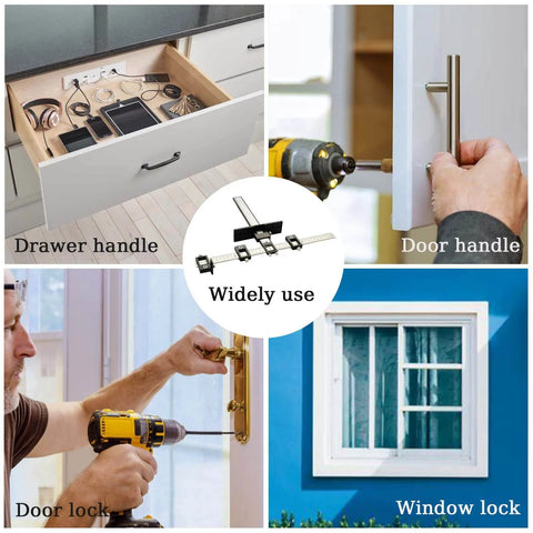 Aluminum Cabinet Hardware Jig Kit For Fast Precise Door Handle And Drawer Front Knob Installing Including Automatic Center Punch And Four Drill Bits For Quick Pro Grade Mounts, displaying components and use.