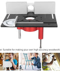 Hardcore Aluminum Router Lift Rig With Stainless Steel Plate For Pro Woodworking Bench Mounts featuring red knobs and precision scale markings.