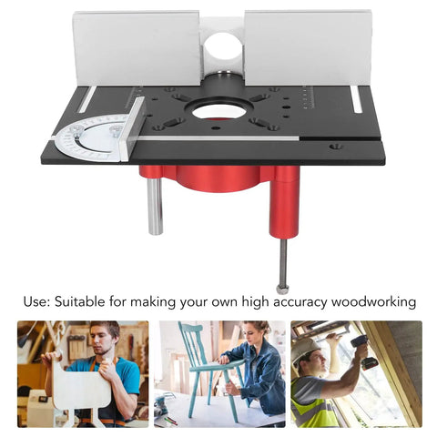 Hardcore Aluminum Router Lift Rig With Stainless Steel Plate For Pro Woodworking Bench Mounts featuring red knobs and precision scale markings.